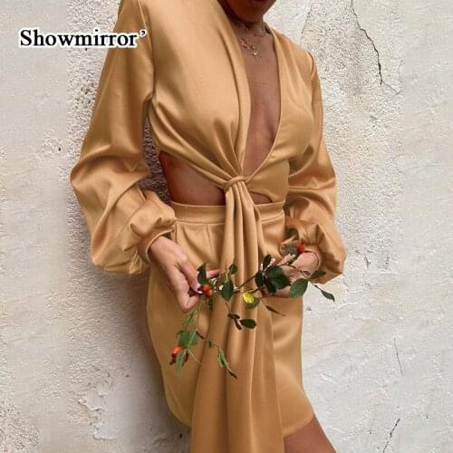 Showmirror Elegant Satin Silky Wrap Dress for Women Long Sleeve Cut Out Dresses Bodycon Outfits Birthday Party Club Dress
