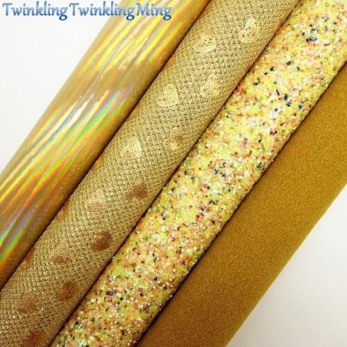 GOLD Glitter Fabric,Mesh Glitter Fabric with Hearts, Synthetic Leather Fabric Sheets For Bow A4 21x29CM Twinkling Ming XM714