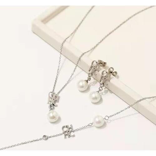High quality fashion titanium steel accessories glossy CHC letter pearl necklace earrings bracelet jewelry set