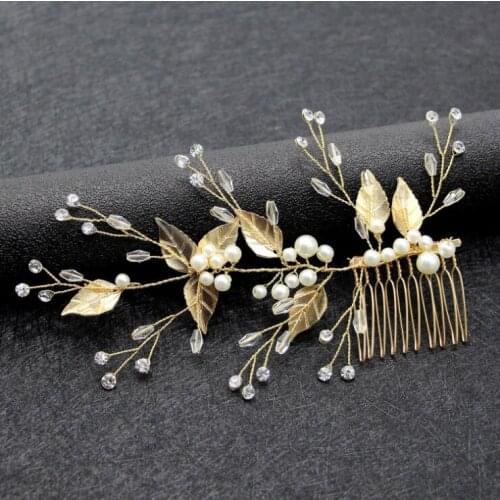 Bridal Wedding Hair Accessories For Women Gold Leaf Headband Snap Barrette Hair Comb Clip Hairpin Jewelry Headpiece