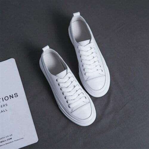 Ladies Sneakers Genuine Leather Casual Cowhide Lace Up White Round Toe Women Flat Platform Shoes Spring Autumn