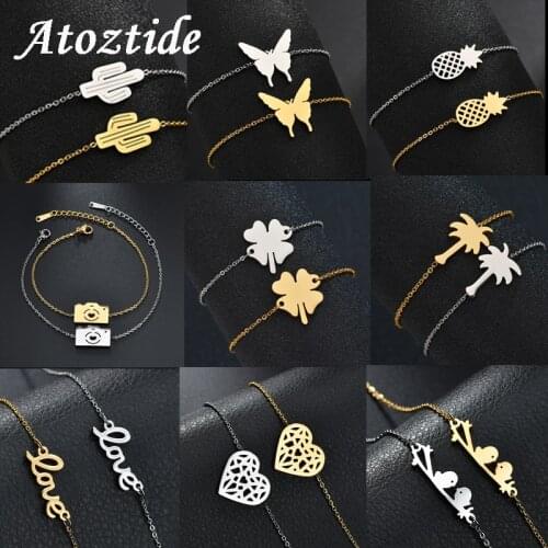 Atoztide 1pc Stainless Steel Simple Love Letter Bracelet Women Snowflake Mountains Pineapple Cross Bangle Minimalist Jewelry