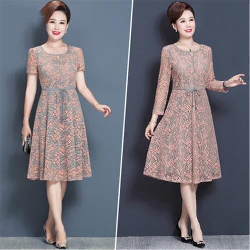 Long Sleeve Women Lace Dress Spring Summer O-neck Tunic Dresses Casual A-line Knee-Length Party Elegant Large Size Vestidos T282