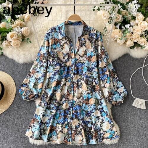 Women Floral Printed dress Turn Down Collar Long puff sleeve A line dresses summer Bohemian Beach Midi Dress