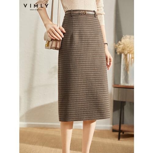 Vimly 2020 Autumn Skirt for Women Fashion Plaid High Waist Knee-Length Elegant Office Lady Faldas Ladies Skirts Faldas F8786