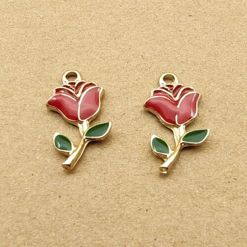 10pcs 13x24mm enamel rose flower charms for jewelry making and crafting fashion earring pendant necklace bracelet charm