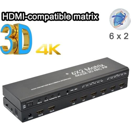 6 in 2 HDMI Matrix 6x2 HDMI Splitter Switch digitals audio 3D ARC PIP 4K/30Hz PIP DC 5V 3.5mm stereo audio output 5.1/2CH SPDIF
