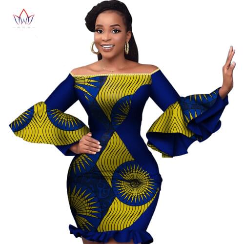 Dashiki African Dresses for Women Bazin Riche Ankara Print Flare Long Sleeve Mini Dresses Women African Clothing Sexy WY6453