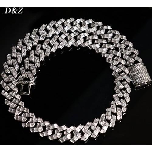 D&Z New 15MM 3RowsBaguette Prong Link Chain Box Buckle Miami Cuban Link Chain For Men Iced Out Chain Hip Hop Fashion Luxury Gift