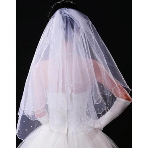 80CM Long Wedding Veil Double Layer Pearls Beaded Wedding Bridal Veil Mantilla with Comb for Bride Marriage Wedding Accessories