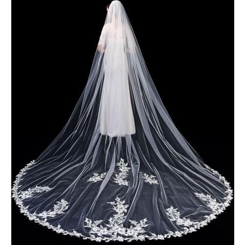 JaneVini welon slubny dlugi 3.5 Meters Long Wedding Veil Lace Appliques One Layer Bridal Veils with Comb Ivory Tulle Mariage