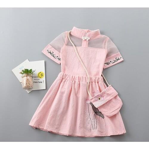 Girl embroidery princess clothing set Summer children T-shirt+skirt sets baby girls birthday suit with bag for 2-7T kids Clothes