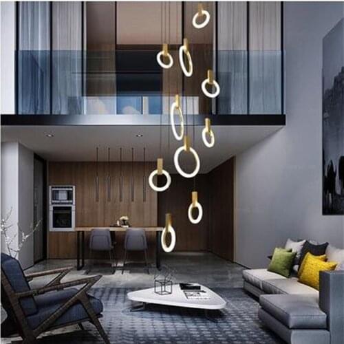L Nordic post-modern villa stair long chandelier wooden art halo complex hotel pick empty living room hall chandelier