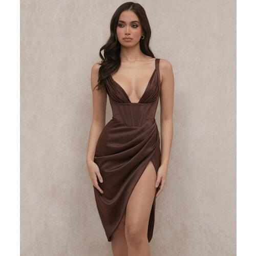 2021 spring and summer new style design small crowd waist show thin package hip deep V big split abstinence sexy dress