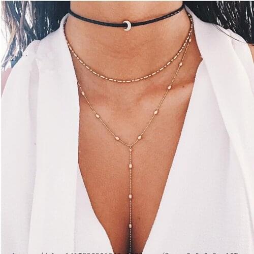3 Pcs/Set Boho Crystal Crescent Moon Beads Choker Chain Necklace Set Minimal MultiLayer Long Pendant Necklace for Women Jewelry