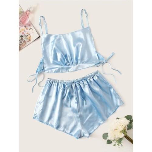 Pyjamas Women Velvet Bow Sleepwear Sleeveless Strap Nightwear Lace Trim Cami Top Pajama Sets Femme Sexy Lingerie Summer