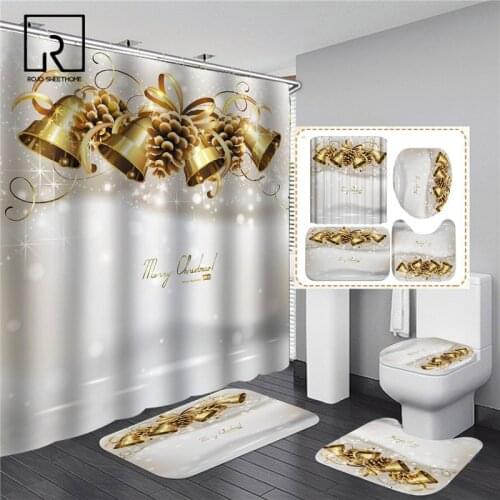 Christmas Bells Socks Printed Shower Curtian Set with Bathroom Mat Carpet Bathing Baththub Screen Waterproof Festival Decor