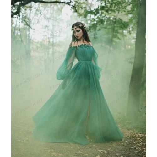 Off Shoulder Long Sleeve Sheer Tulle Party Dress Formal Evening Gowns Custom Made Lace Neck Side Split Summer Dresses Robes