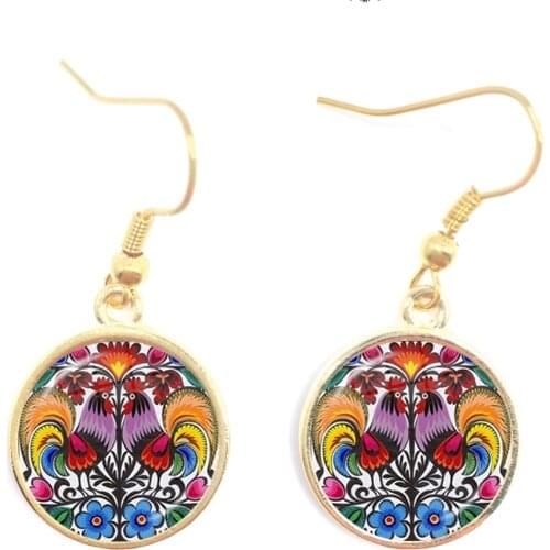 Polish Folk Art Pattern 16mm Glass Cabochon Drop Earrings Ethnic Bohemia Flower Print Golden-plated Jewelry For Women Girls Gift