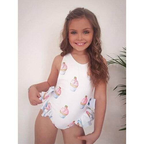 2021 New Girls Fashion Ruffle One Piece Swimwear Cute Bow Cake Pattern Backless Suspender Swimsuit