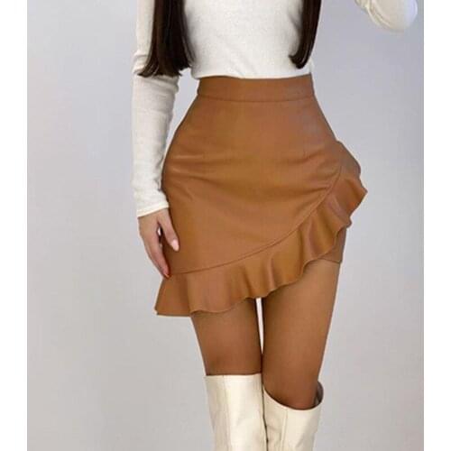 Harajuku Fashion 2021 Summer Women Solid Irregular Ruffles PU Leather Skirt High Waist Slim Bodycon Skirts