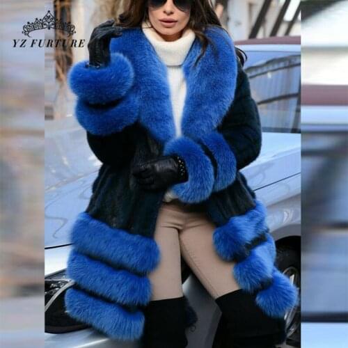 2020 New Winter Fashion Genuine Mink Fur Coat With Belt For Women Full Pelt Natural Real Mink Fur Coat With Big Fox Fur
