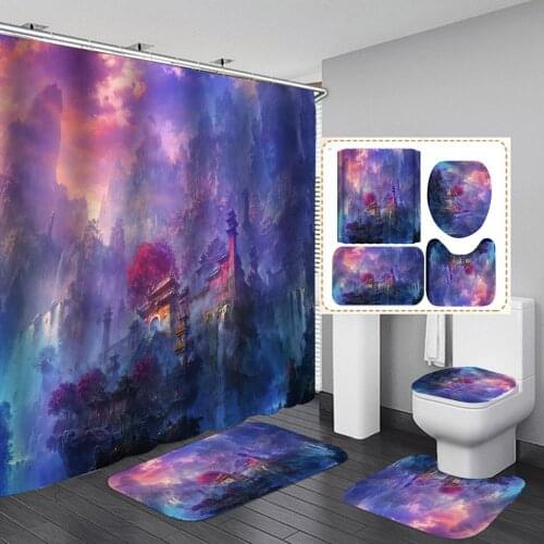 Starry Sky Shower Curtain Sets 4 PCS Waterproof Polyester Shower Curtain Bathroom Mat Set Carpet Mat Toilet Rug