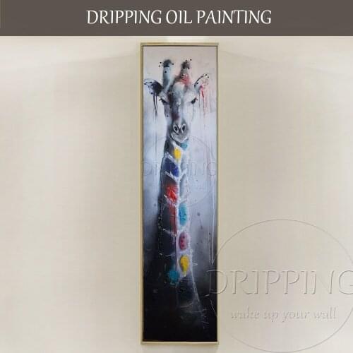 Free Shipping Very Long Size Handmade Giraffe Oil Painting on Canvas Handmade Funny Animal Giraffe Oil Painting For Living Room