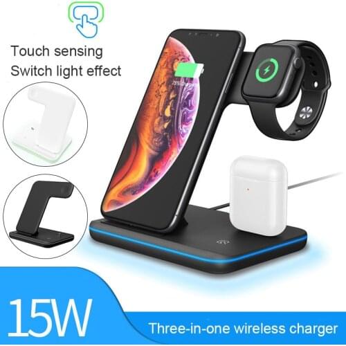 15W 3 in 1 Qi Wireless Charger for iPhone 12 11 Pro XS XR X 8 Fast Charging Dock Station For Apple Watch 6 5 4 3 2 AirPods Pro