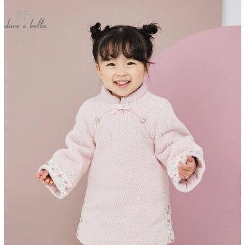 DBJ15730 dave bella winter baby girls Chinese style bow floral dress children fashion party dress kids infant lolita clothes