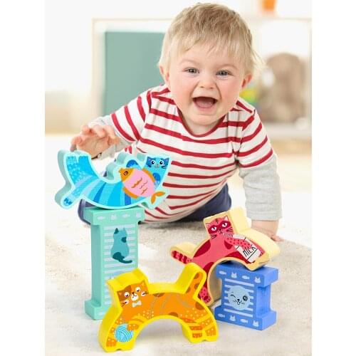 Baby Toy Kitten Balance Game Wooden Building Blocks Montessori Educational Smooth Stacking Toy Fot Kids Safe Play