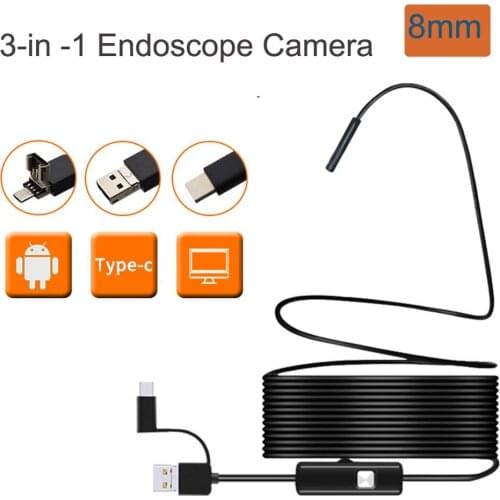 8mm Endoscope Camera Flexible IP67 Waterproof 6 Adjustable LEDs Inspection Borescope Camera Micro USB OTG Type C for Android PC