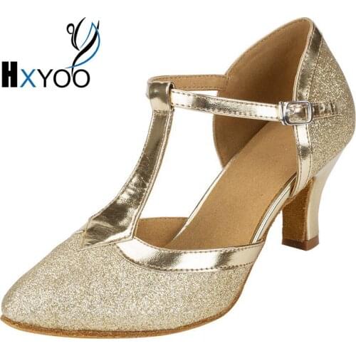 HXYOO 2018 In Stock Glitter Closed Toe Ballroom Shoes Women Salsa Dance Shoes Latin Tango Gold Silver Soft Sole WK025