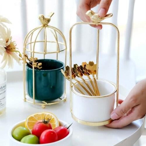 Ceramic storage tube bird cage golden stirring spoon iron fruit tea set storage ornament living room fruit fork set