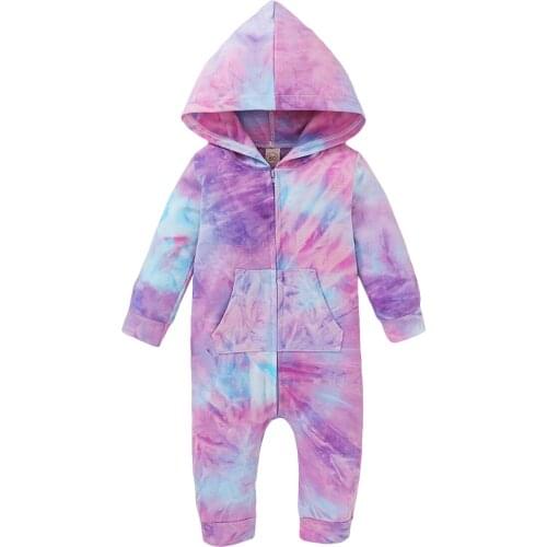 Newborn Baby Girls Boys Long Sleeve Tie-dye Print Romper Fashion Hooded Zipper Pockets Jumpsuit Autumn Clothes 0-18M