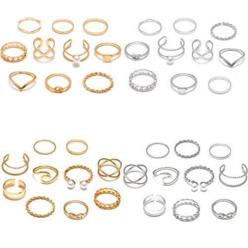 FAMSHIN Vintage Pearl Rings Gold Color Rings Set For Women Bohemian Geometric Cross Ring Fashion Jewelry Party Gifts 10Pcs/Set