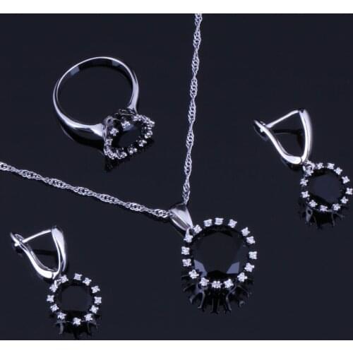 Fantastic Round Black Cubic Zirconia White CZ Silver Plated Jewelry Sets Earrings Pendant Chain Ring V0280
