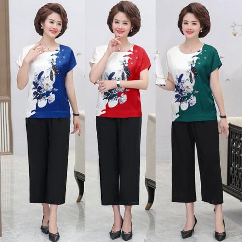 New Summer Suit Women Short-sleeved T-shirt pant Two-piece outfits Sets Printed Pullovers Plus size matching Sets top and pants