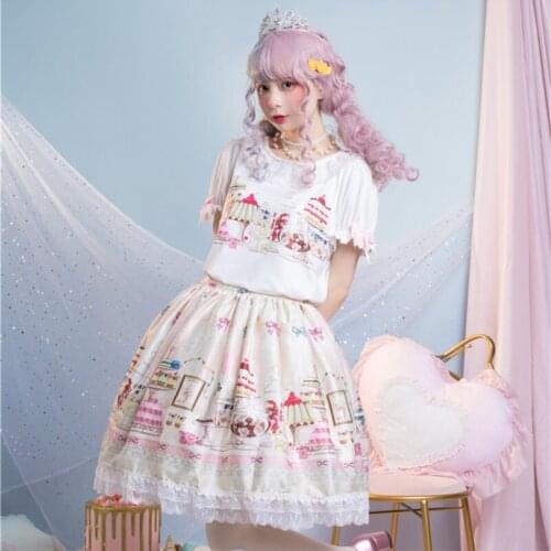 Original lloli Sweet Lolita Cute Color T-shirt Long Lower Skirt Princess A- line Dress Summer lolita tea party princess dress