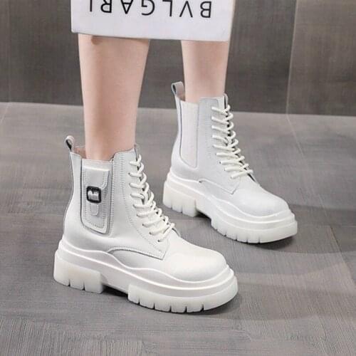 2021 Cow Leather Chimney Boots Autumn New Thick-soled Mid-tube Short-tube Inner-increasing Womens Shoes