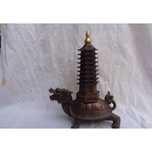 Song voge gem S2670 10" Chinese Bronze FengShui Wealth Dragon Turtle Stupa Statue Set Sculpture