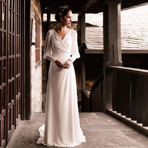 Simple Chiffon Wedding Dress Elegant A Line V Neck Puff Sleeve Sweep Train Beach Bridal Gown 2021 New Robe De Mariee