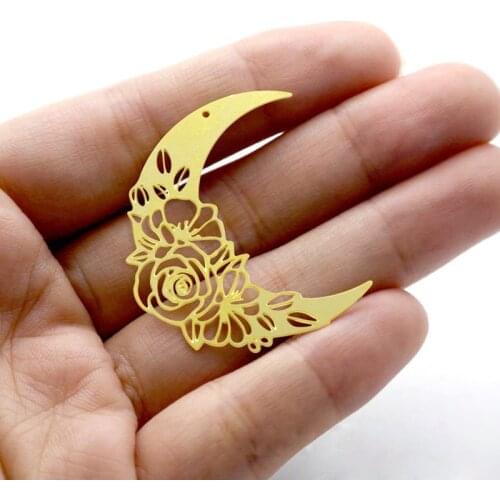Handmade Jewelry Making Supplies Pendant Moon Flower Laser Cut Metal Raw Brass Charms For DIY Necklace Earrings 1201