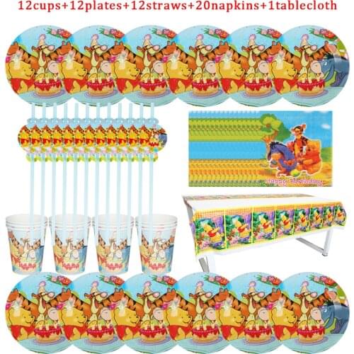 Winnie the Pooh Disney 57Pcs Disposable Tableware Kids Birthday Party Paper Plate+Cup+Napkin+ Straw+Tablecloth Party Supplies