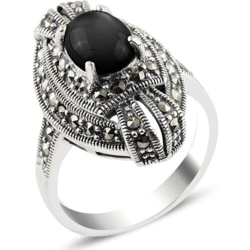 Silver 925 Sterling Onyx & Marcasite Ring