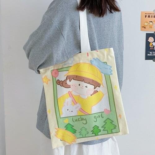 Cute Soft Girls Shoulder Bags 2021 Korean Canvas Bags Reusable Books Tote Shopping Bag With Zipper Cartoon Cotton Cloth Handbag