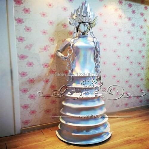 Party singer wears evening dress silver mirror long skirt ds performance outfits bar headwear disco clothe future headdress