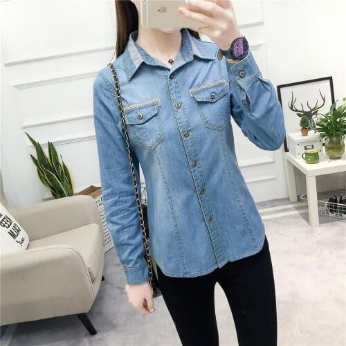 Spring women fashion slim water wash patchwork denim shirt female trendy color jean cotton casual blouse