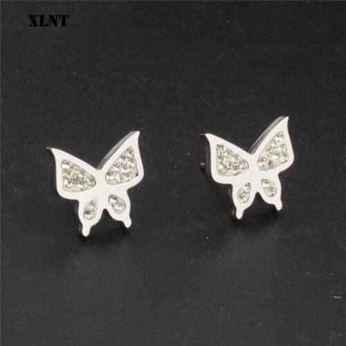 XLNT Womens Stainless Steel Jewelry butterfly earrings simple personality Zirconia Stud Earrings