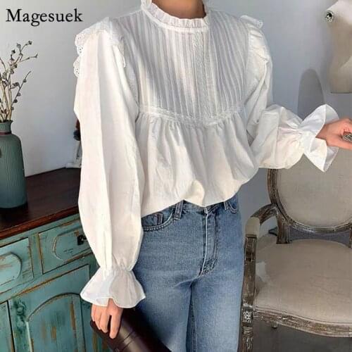Autumn New Long Sleeve Shirt Women Korean Vintage Lace Elegant White Women Blouse Femme Casual Pullover Office Ladies Tops 12276